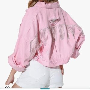 Light pink Esmeling Womens Ripped Crop Rhinestone Fringe jacket